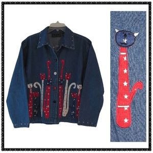 Denim Shirt EMBROIDERED CATS PM M Red White & Blue